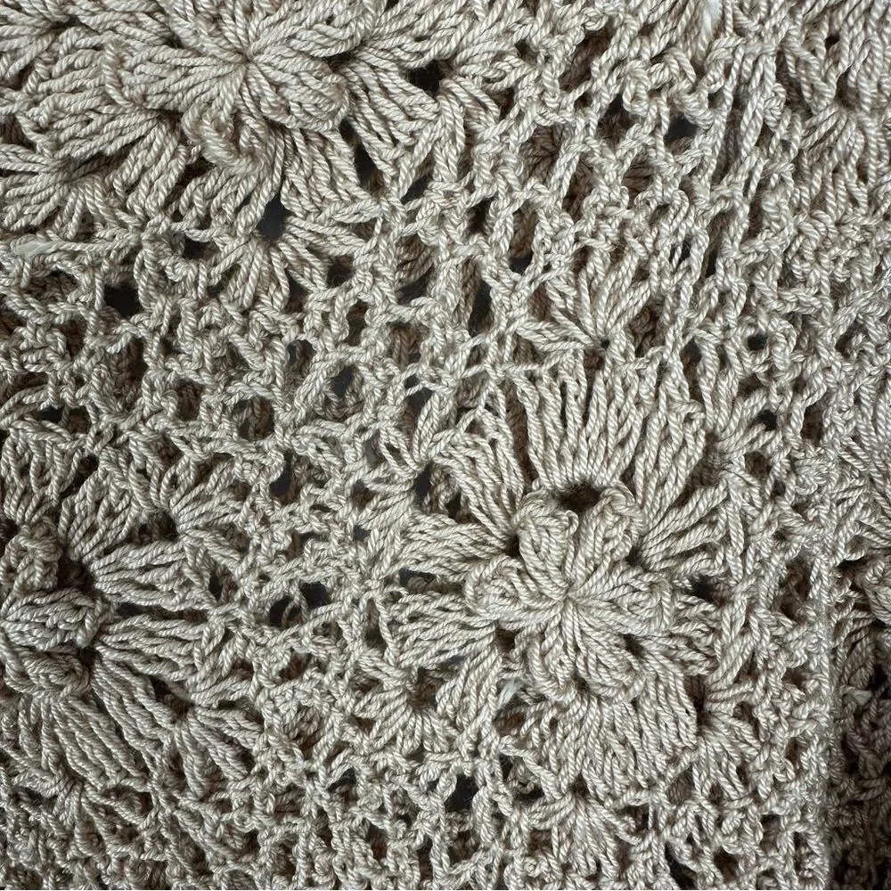 Handmade Crochet Knit Floral Sweater Top – Beige Boho Open Knit – Fits Like M